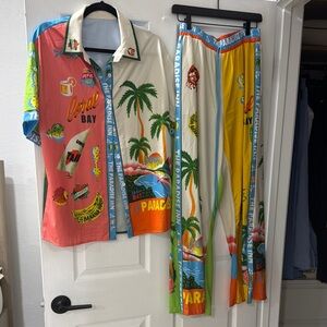 Colorful Tropical Print Shirt and Pants Set